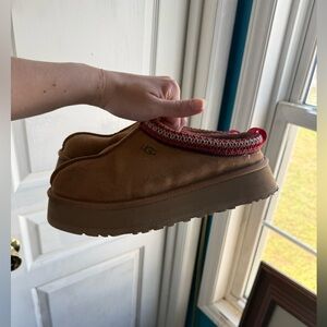 UGG Tan Slippers with Red Accent